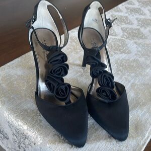 Brand New A. Marinelli black satin t-strap with rosette details